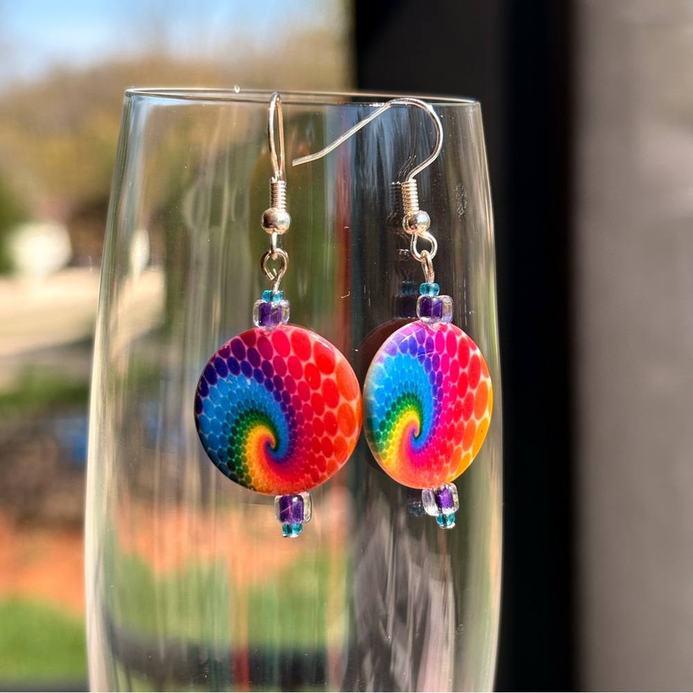 Handmade New Rainbow Tie Dye Spiral Earrings with Glass Accent Beads